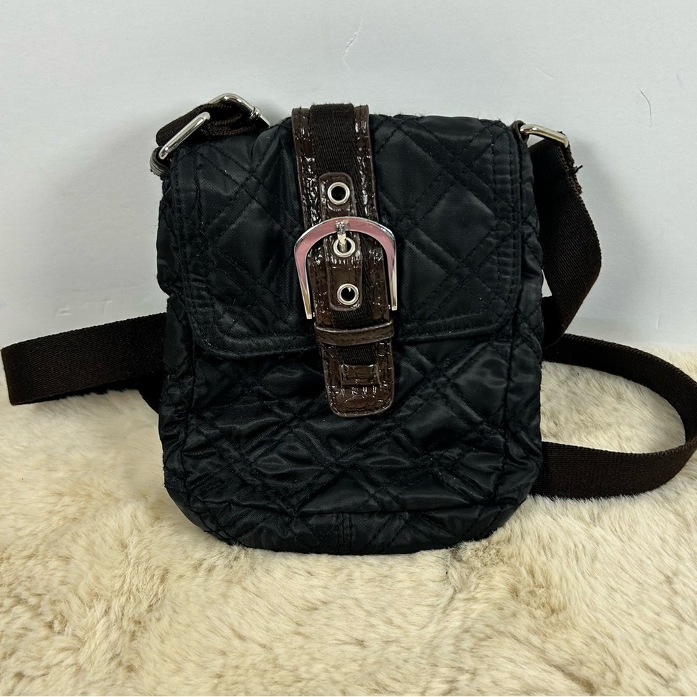 Quilted Black Crossbody Bag with Brown Strap